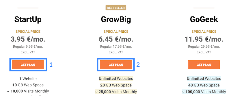 SiteGround StartUp GrowBig GoGeek plans. Shared hosting.