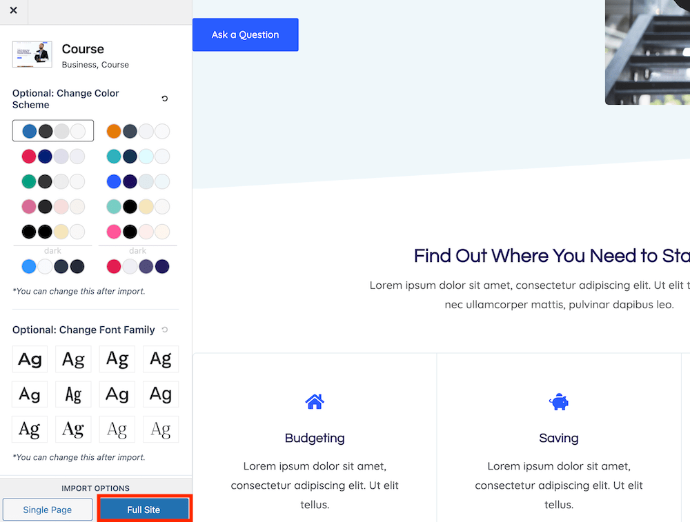 Importing Kadence Starter Template