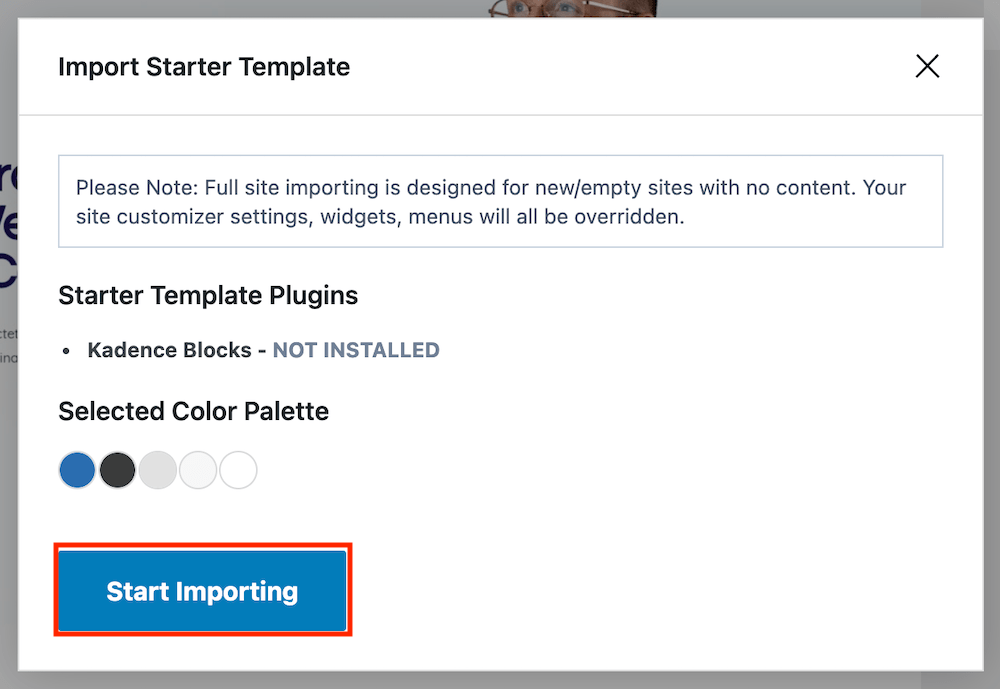 Importing Kadence Starter Templates