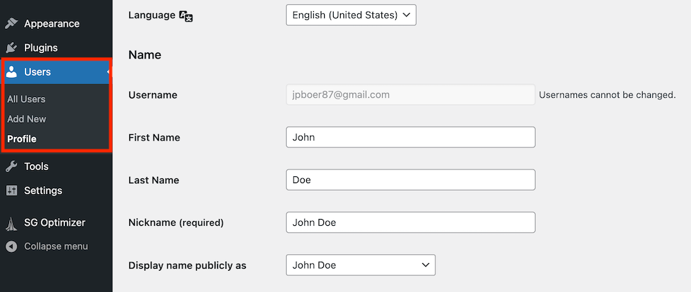 WordPress user profile.