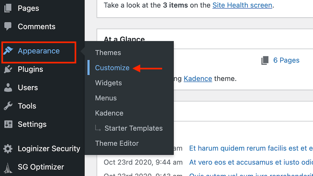 WordPress theme customizer