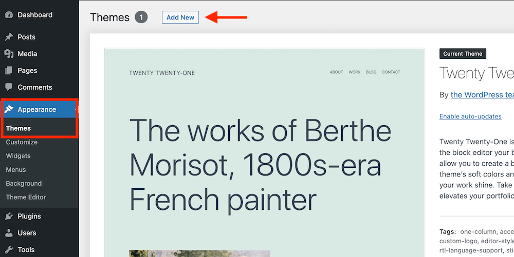 WordPress dashboard appearance and themes
