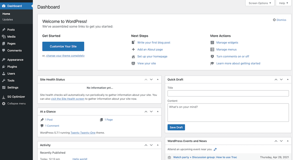 WordPress Dashboard for a New Website