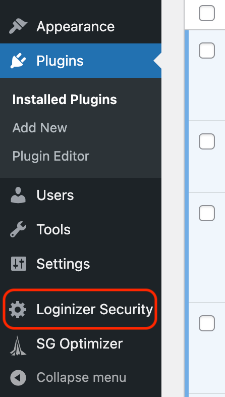 Loginizer in the WordPress dashboard sidebar menu