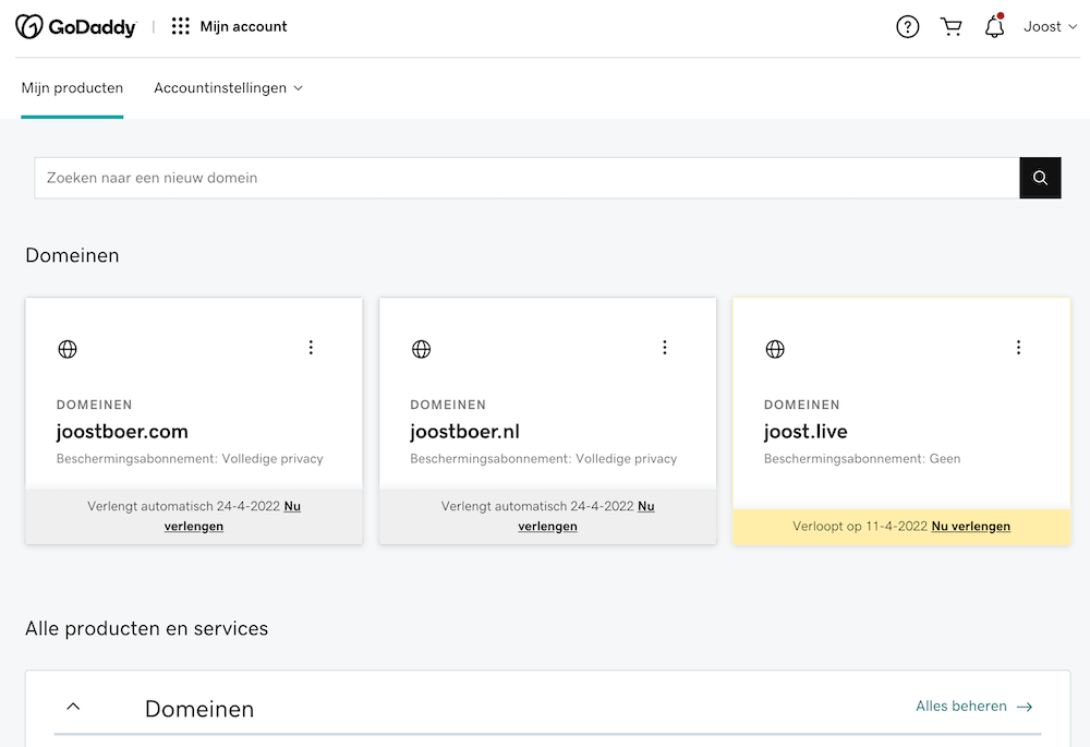 GoDaddy dashboard