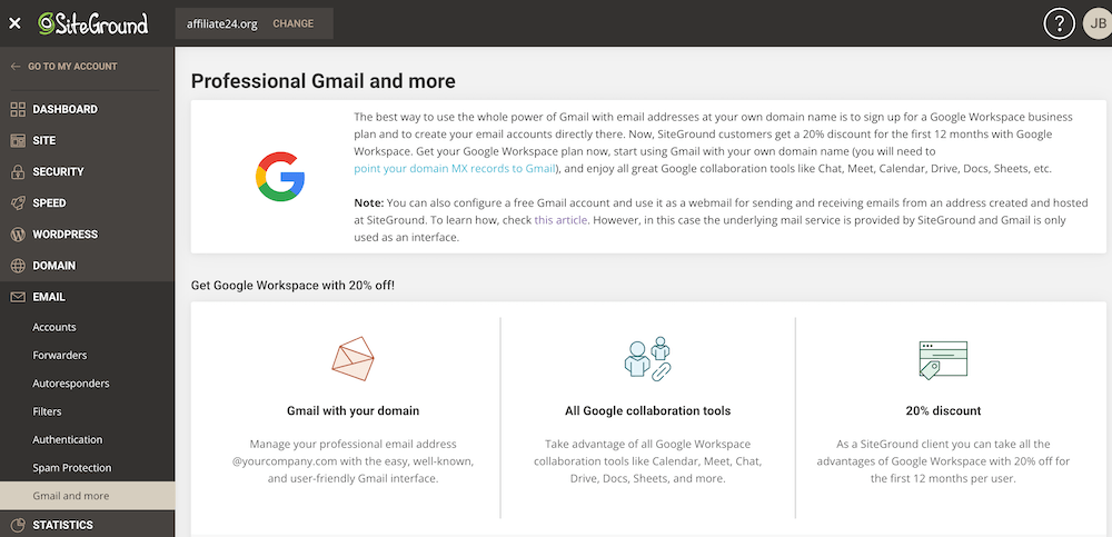 Connecting Gmail with SiteGround