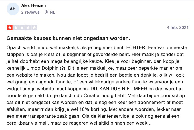 Negative user experience with Jimdo