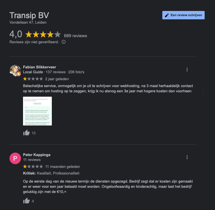 Negative customer reviews of TransIP