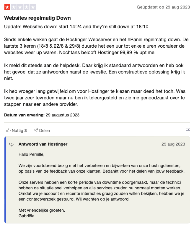 Hostinger customer review about downtime.