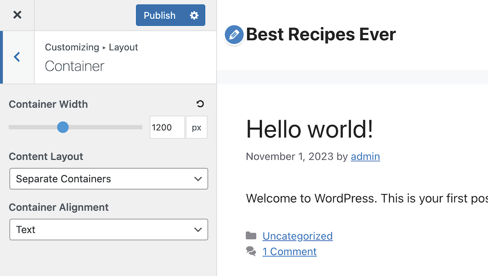 Change site width in GeneratePress Customizer.