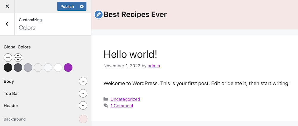 Change colors in the GeneratePress Customizer.