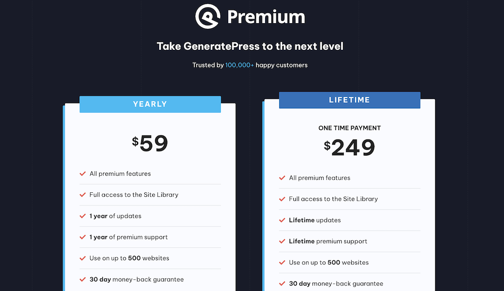 GeneratePress costs.