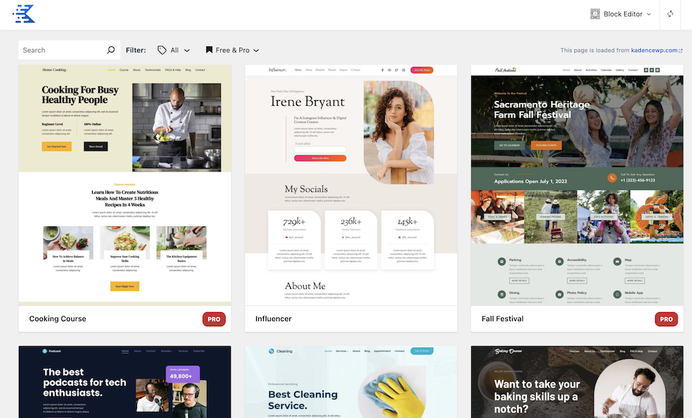 Selecting a Kadence Starter Template in the WordPress dashboard.