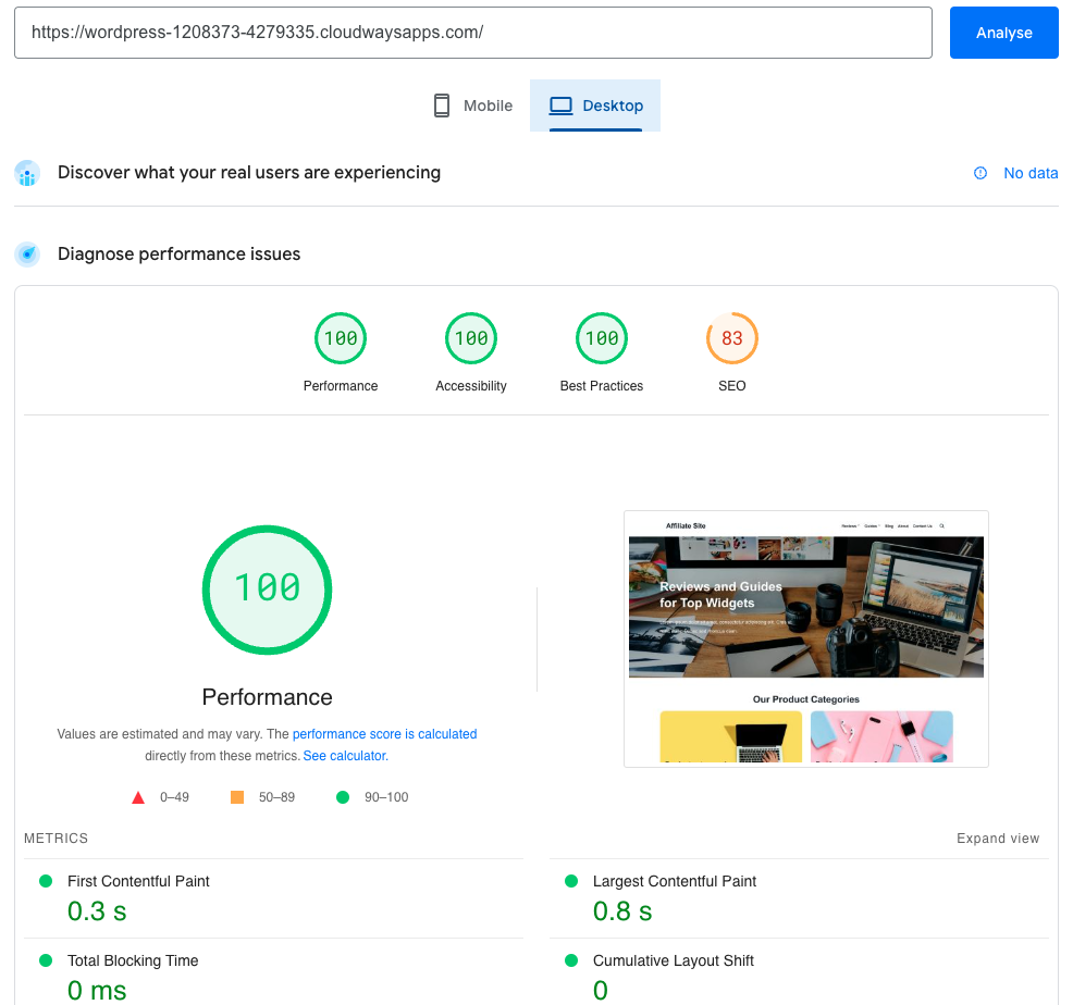 Cloudways desktop PageSpeed score.