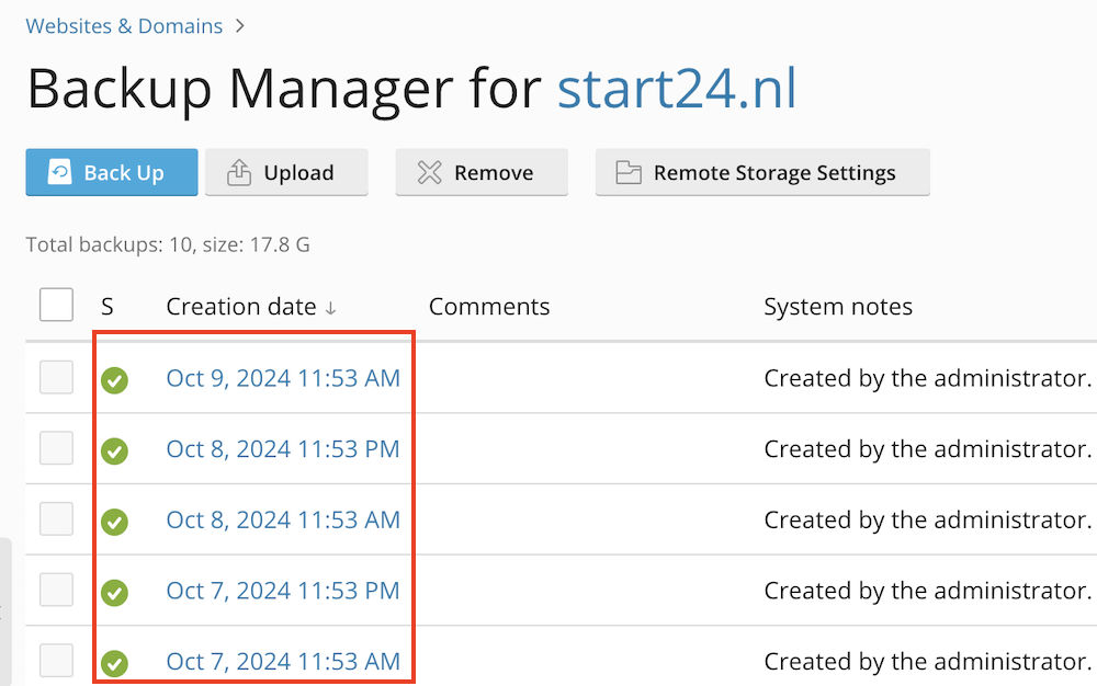 Backups created through Plesk.